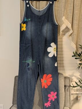 Denim Floral Graphic Jumpsuit - Blue